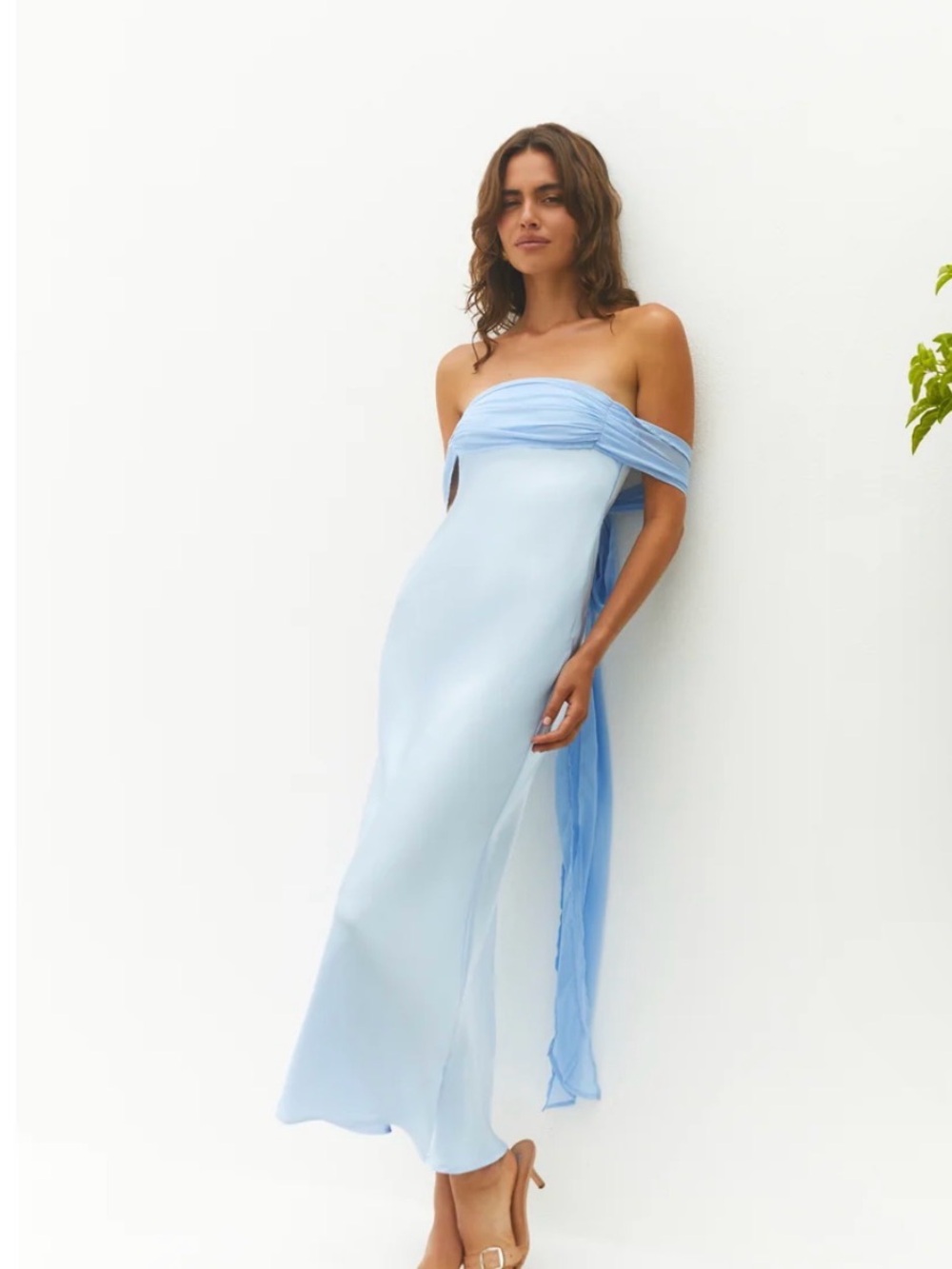 Strapless Light Blue Maxi Dress with Draped Sash